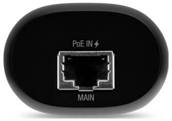 Oval-förmiges schwarzes Gerät mit einem Ethernet-Anschluss mit der Bezeichnung „PoE IN