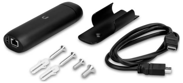 WiFi-Gerät mit USB-Anschluss, Wandhalterung, Schrauben und Stromkabel.