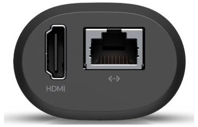 „HDMI- und Ethernet-Anschlüsse an einem schwarzen Gerät, entsprechend gekennzeichnet.