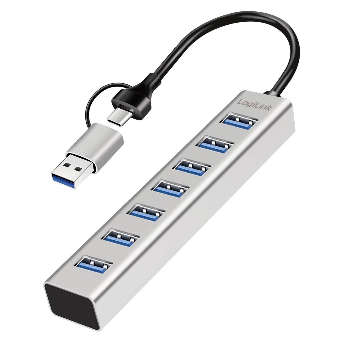 Silber-USB-3.0-Hub mit 7 Anschlüssen mit angebrachtem USB-Kabel und Anschlüssen, dargestellt auf weißem Hintergrund.