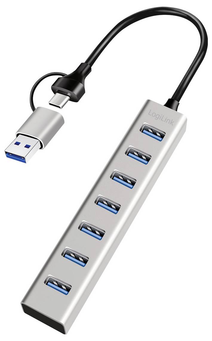 USB-C zu USB-A Hub mit sieben USB-A Anschlüssen auf einem silbernen stabförmigen Adapter, mit der Bezeichnung LogiLink.