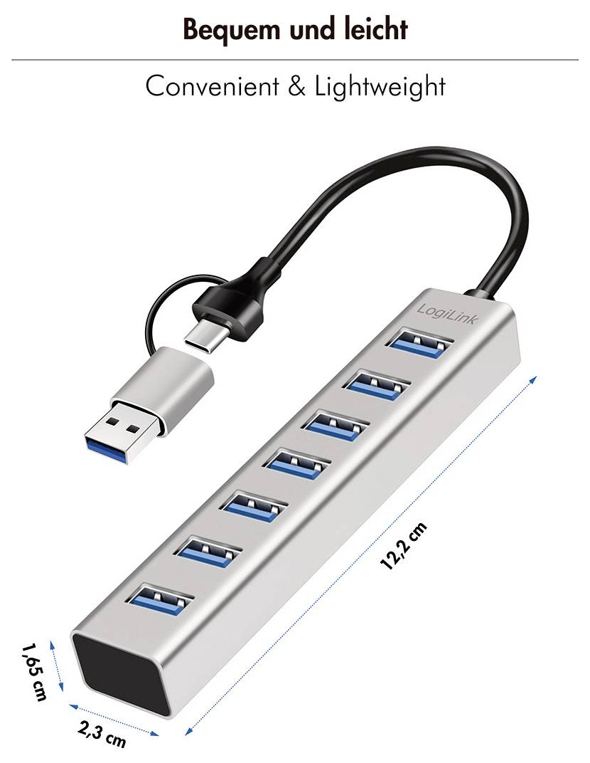 Tragbarer 7-Port-USB-Hub mit kurzem Kabel, mit der Bezeichnung „Praktisch & Leicht