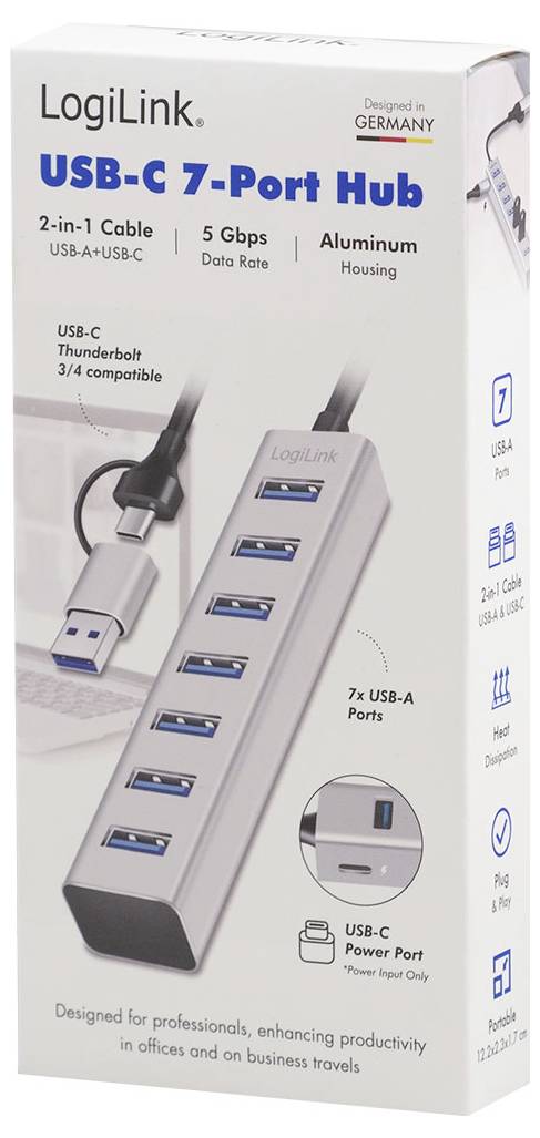 LogiLink USB-C 7-Port Hub-Produktkarton mit 2-in-1 USB-A/USB-C-Kabel, 5-Gbps-Datenrate, Aluminium-Gehäuse und USB-C-Stromversorgungsanschluss.