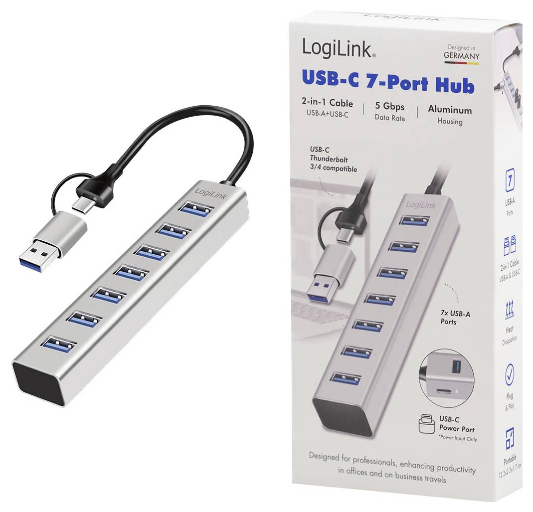 LogiLink USB-C 7-Port-Hub mit 2-in-1-USB-C/USB-A-Kabel und Aluminium-Gehäuse, dargestellt neben seiner Einzelhandelsverpackung.