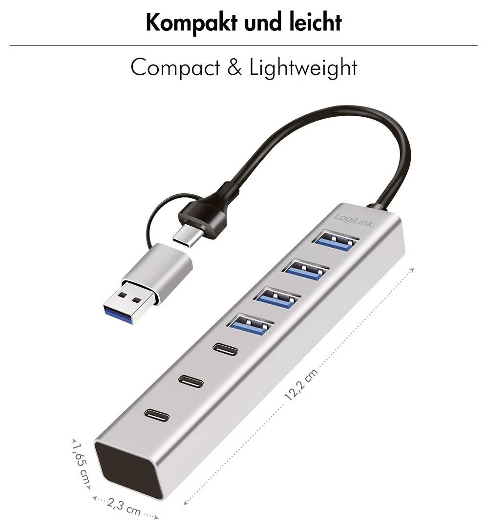 Kompakter USB-Hub mit vier USB-A-Anschlüssen und einem USB-C-Anschluss, dargestellt als klein und leicht mit 12,2 cm Länge, 2,3 cm Breite und 1,65 cm Höhe.