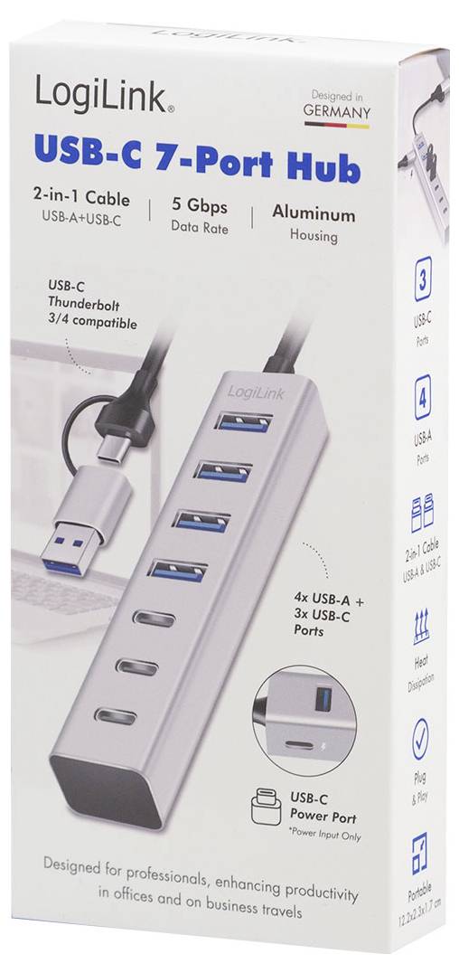 LogiLink USB-C 7-Port Hub Karton mit einem 2-in-1 USB-A/USB-C Kabel, 5 Gbps Datenrate, Aluminium-Gehäuse, vier USB-A Anschlüsse, drei USB-C Anschlüsse und USB-C Stromversorgungsanschluss.