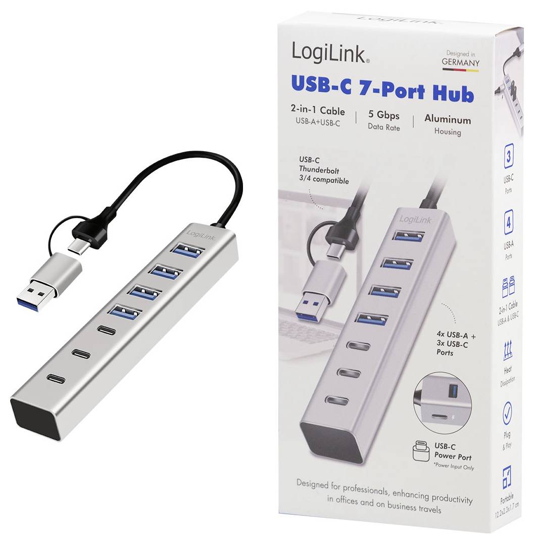 LogiLink USB-C 7-Port-Hub mit Aluminium-Gehäuse, 2-in-1 USB-A/USB-C-Kabel, vier USB-A-Anschlüsse, drei USB-C-Anschlüsse und 5-Gbps-Datenrate, gezeigt mit Produktverpackung.
