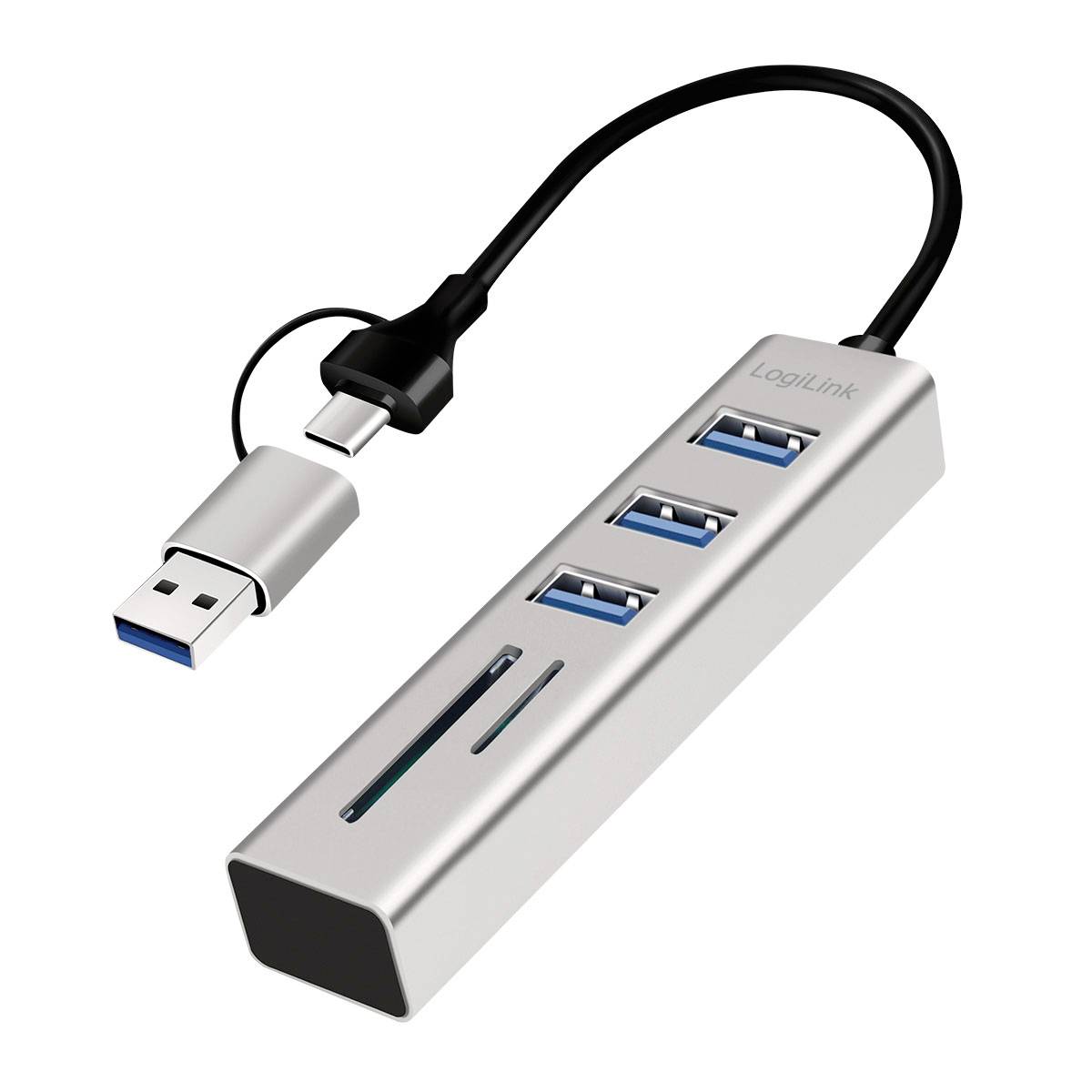 Silberner USB-C-Hub mit drei USB-A-Anschlüssen und Kartenleser, gezeigt mit angeschlossenem USB-A-auf-USB-C-Verbindungskabel.