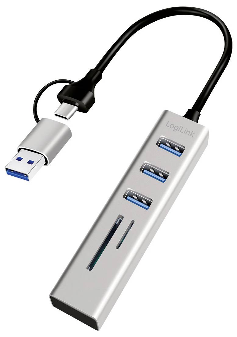 USB-C zu USB-A Hub-Adapter mit drei USB-Anschlüssen und SD-/microSD-Kartensteckplätzen, gekennzeichnet mit „LogiLink