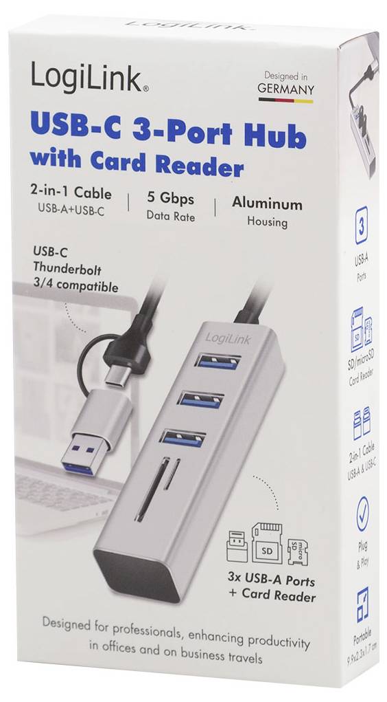 LogiLink USB-C 3-Port-Hub mit Kartenleser, mit 2-in-1-Kabel, 5-Gbps-Datenübertragungsrate, Aluminium-Gehäuse und 3x USB-A-Anschlüsse plus SD-Kartensteckplatz.