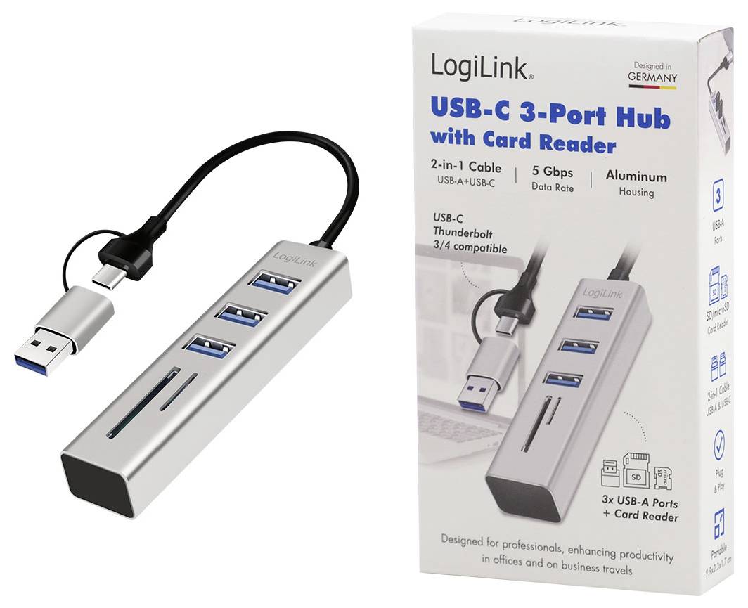 LogiLink UA0445 USB-Hub 3 Port USB-A, SDHC, microSDHC USB 3.0 5 GBit/s Aluminium UA0445