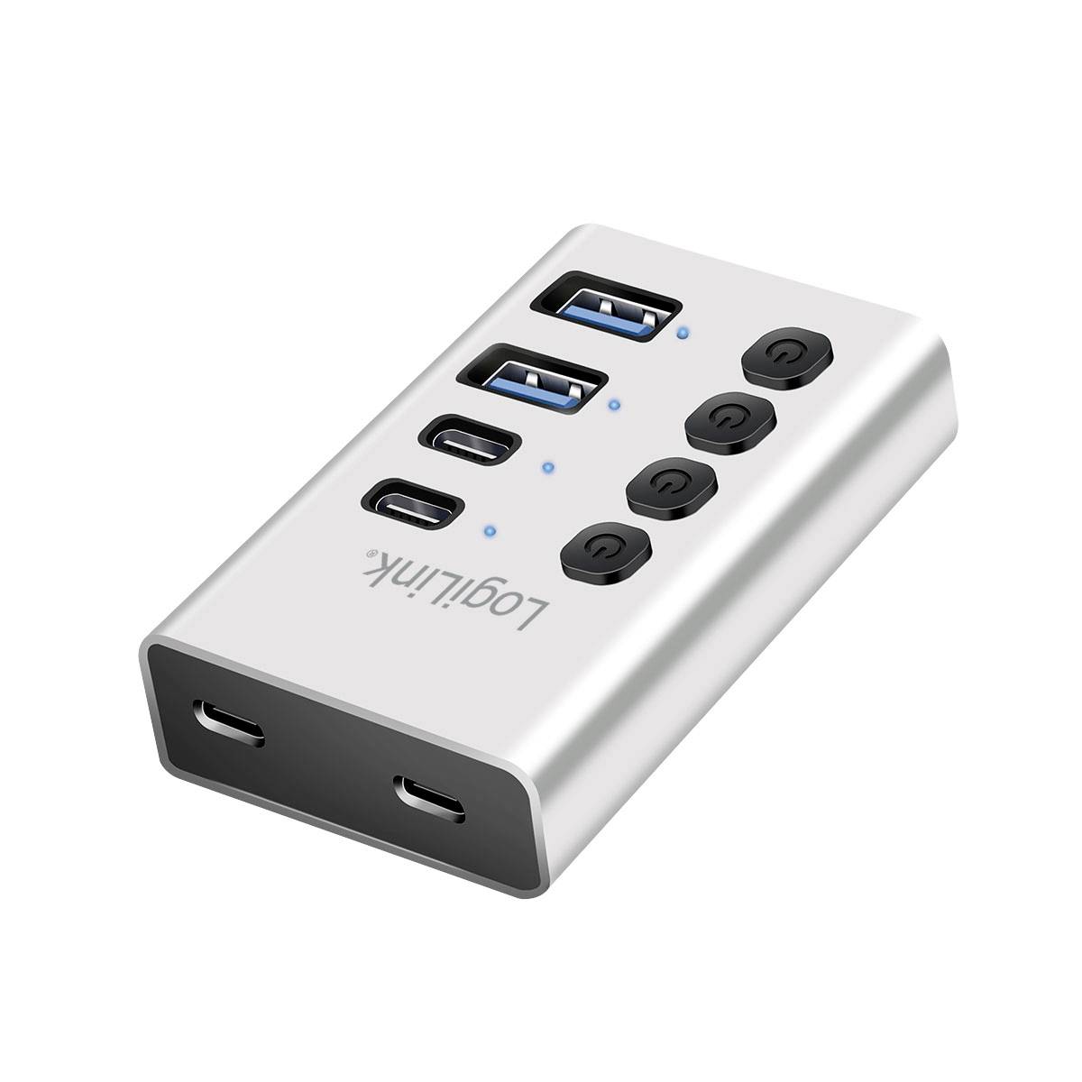 Silber-USB-Hub mit vier Anschlüssen, vier runden Tasten und blauen Kontrollleuchten auf weißem Hintergrund.