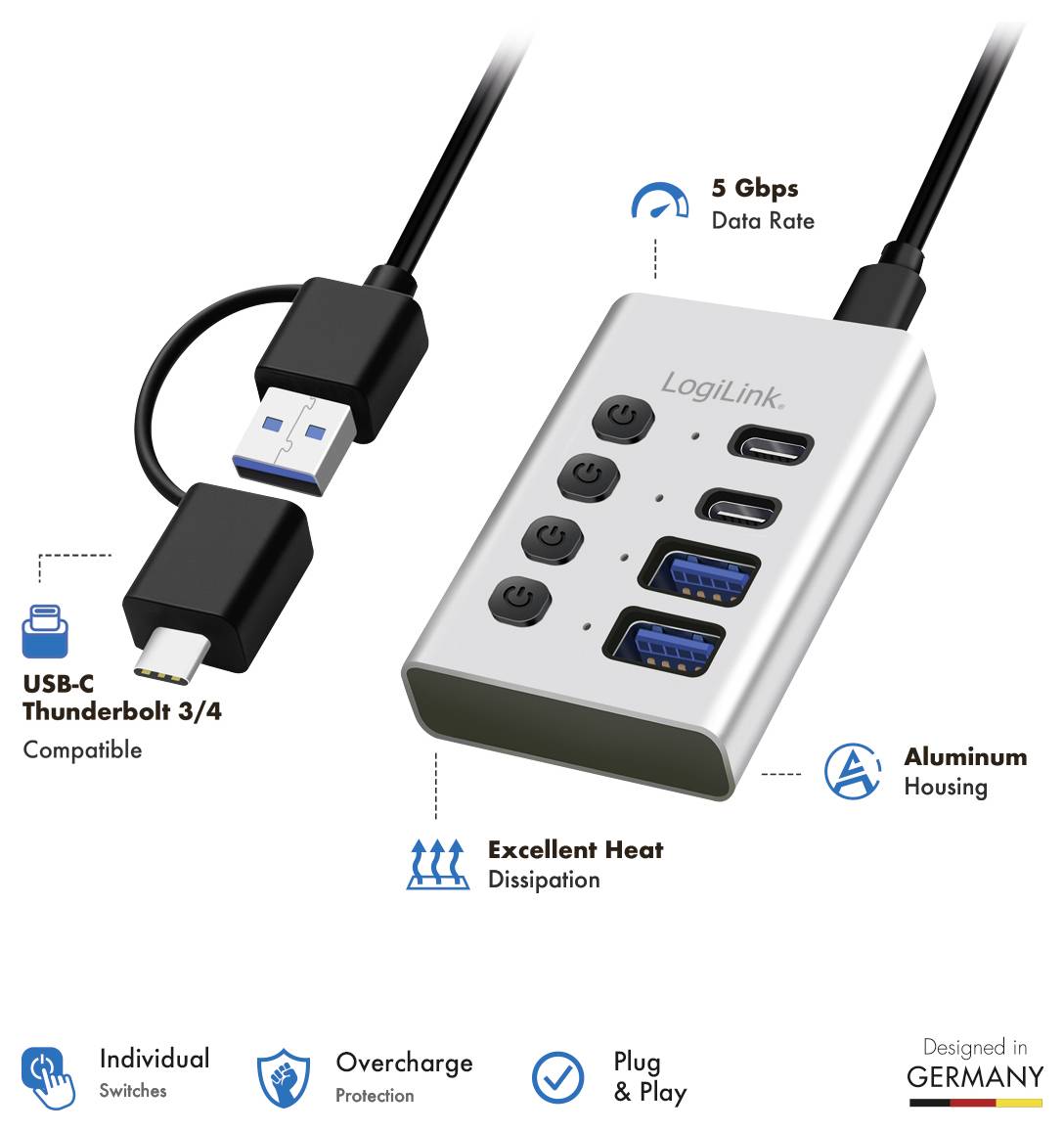 LogiLink USB-C Thunderbolt 3/4 Hub mit 5 Gbps Datenrate, Aluminium-Gehäuse, Wärmeableitung, Überladungsschutz und Plug-and-Play-Unterstützung.