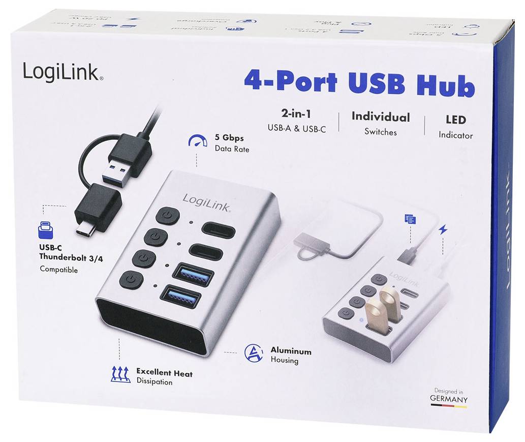 LogiLink 4-Port USB-Hub mit USB-A und USB-C-Anschlüssen, einzelnen Schaltern, LED-Anzeige und 5-Gbps-Datenrate.