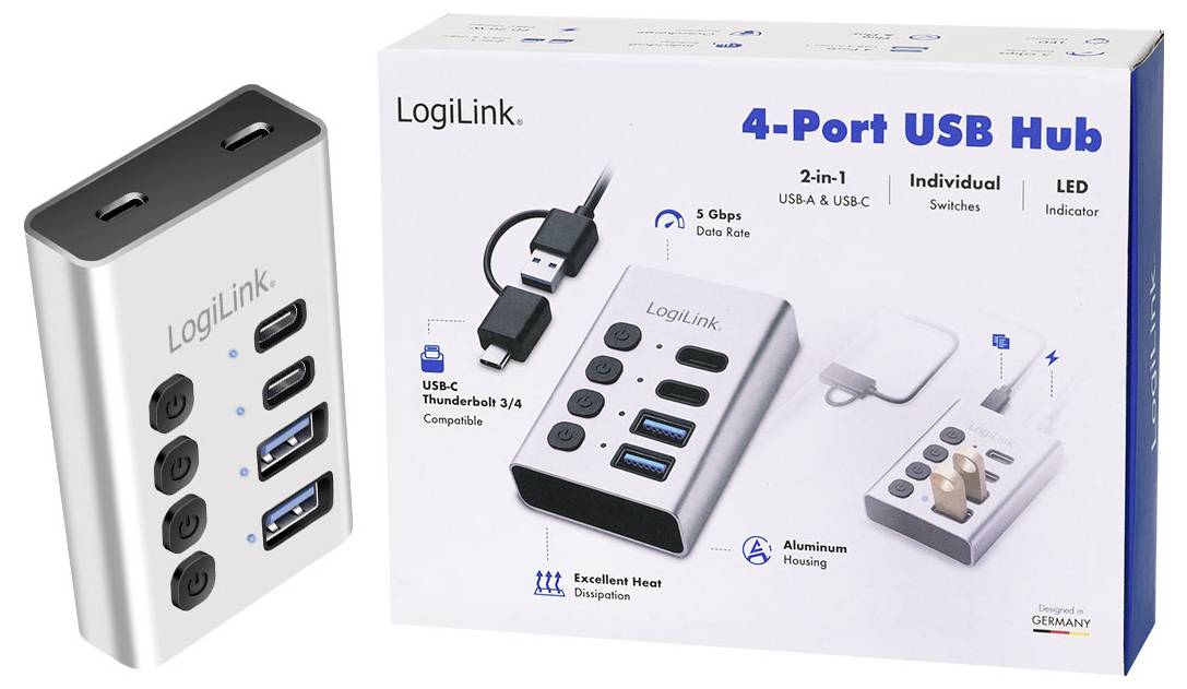 LogiLink 4-Port USB-Hub mit 2-in-1 USB-A und USB-C, einzelnen Schaltern, LED-Anzeige und Aluminium-Gehäuse, dargestellt mit Einzelhandelsverpackung.