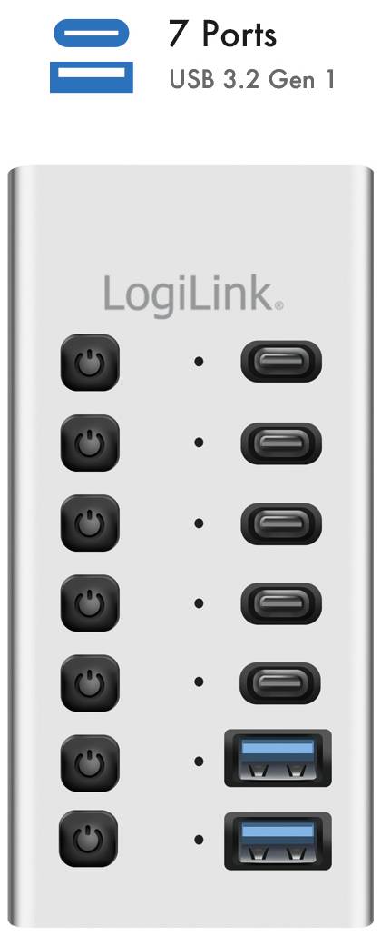 LogiLink USB-Hub mit 7 Anschlüssen, einschließlich vier USB-C- und zwei USB-A-Anschlüssen, sowie Stromschaltern neben jedem Anschluss.