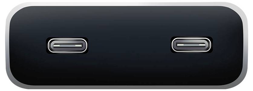 Vorderansicht eines eleganten schwarzen Geräts mit abgerundeten Rechteckkanten und zwei horizontalen USB-C-Anschlüssen, einer auf der linken Seite und einer auf der rechten Seite.