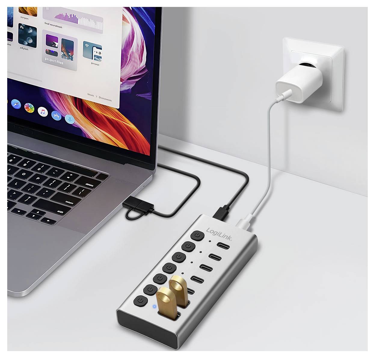 Technische Zeichnung einer runden, bündigen LED-Einbauleuchte mit Verdrahtung und Abmessungen in Seiten-, Front- und Draufsicht, beschriftet mit „LED-Netzteil DALI 3500mA mit AMP-Buchse