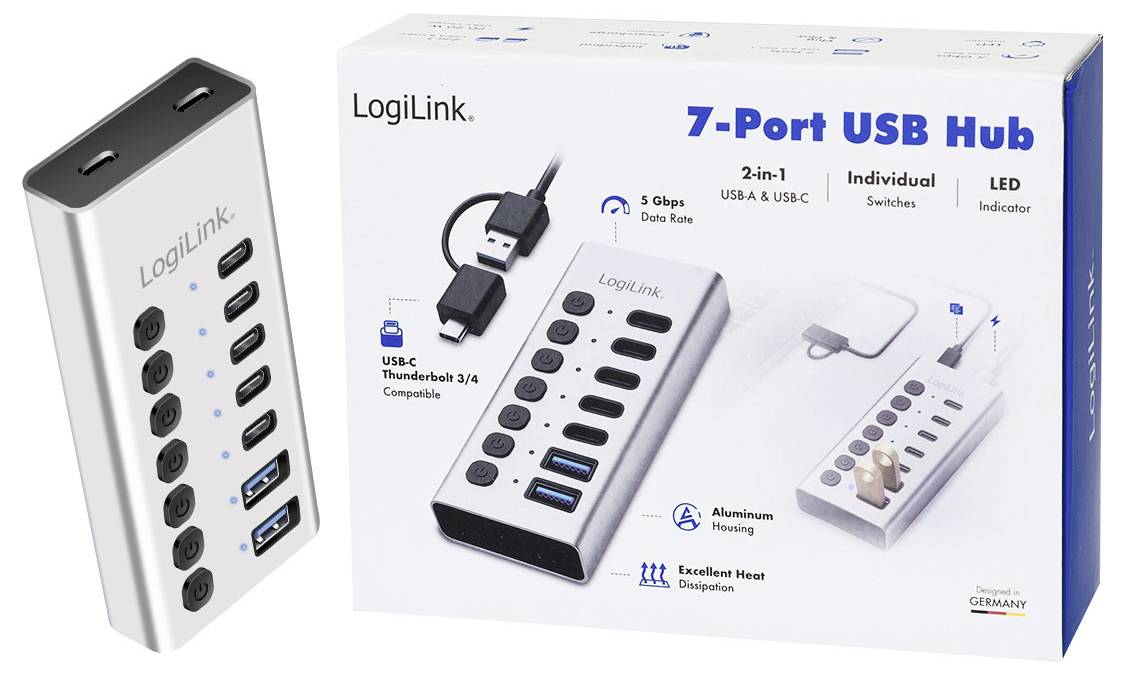 LogiLink 7-Port-USB-Hub in silberner Aluminium-Ausführung mit USB-C/USB-A und individuellen Schaltern, zusammen mit seiner Produktverpackung.
