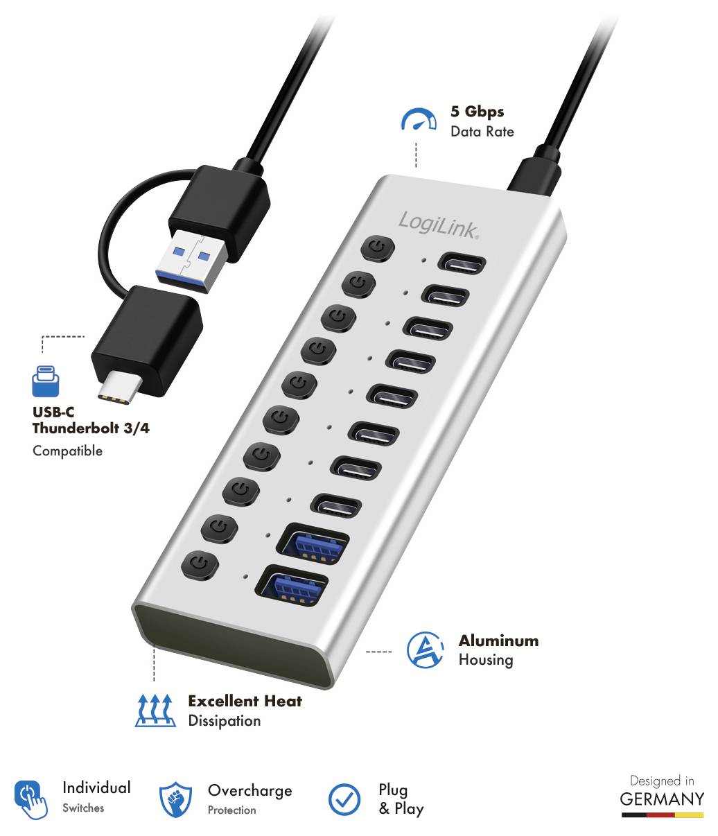 LogiLink USB-C Hub mit mehreren USB-Anschlüssen und zwei USB-C-Anschlüssen, 5-Gbps-Datenrate, Thunderbolt-3/4-kompatibel, Aluminium-Gehäuse, Plug-and-Play.