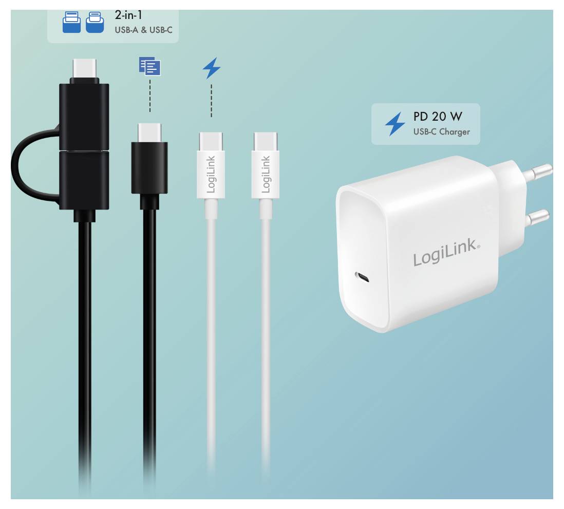 Werbegrafik eines LogiLink 2-in-1 USB-C- und USB-A-Kabels mit einem 20-W-USB-C-PD-Ladegerät, das schwarze und weiße Kabeloptionen zeigt.