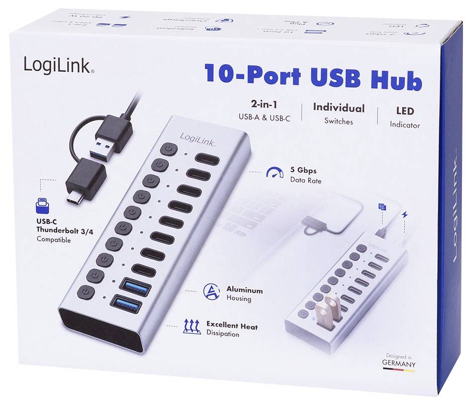 LogiLink 10-Port-USB-Hub-Verpackung, die einen 2-in-1-USB-A- und USB-C-Hub mit individuellen Schaltern, LED-Anzeige, 5-Gbps-Datenrate und Aluminiumgehäuse zeigt.