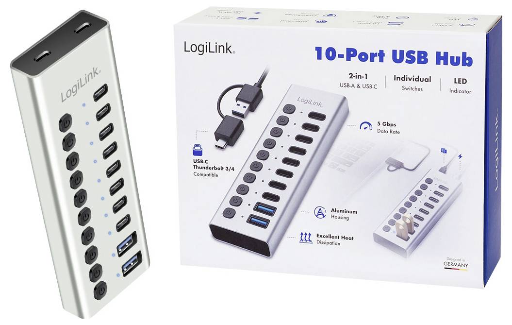 Produktabbildung eines LogiLink 10-Port-USB-Hubs mit einzelnen Schaltern, LED-Anzeigen, USB-C- und USB-A-Anschlüssen und Verpackung mit Angabe einer Übertragungsgeschwindigkeit von 5 Gbps.
