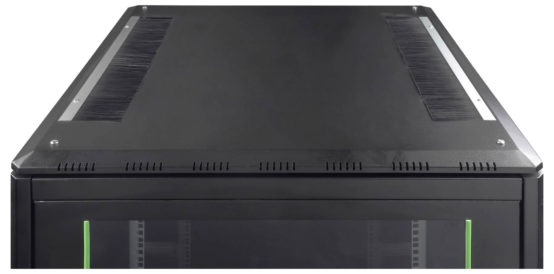 Ein schwarzes Serverrack von oben betrachtet, das Lüftungspaneele und ein schlankes Design zeigt, geeignet für die Unterbringung von elektronischen und Netzwerkgeräten.