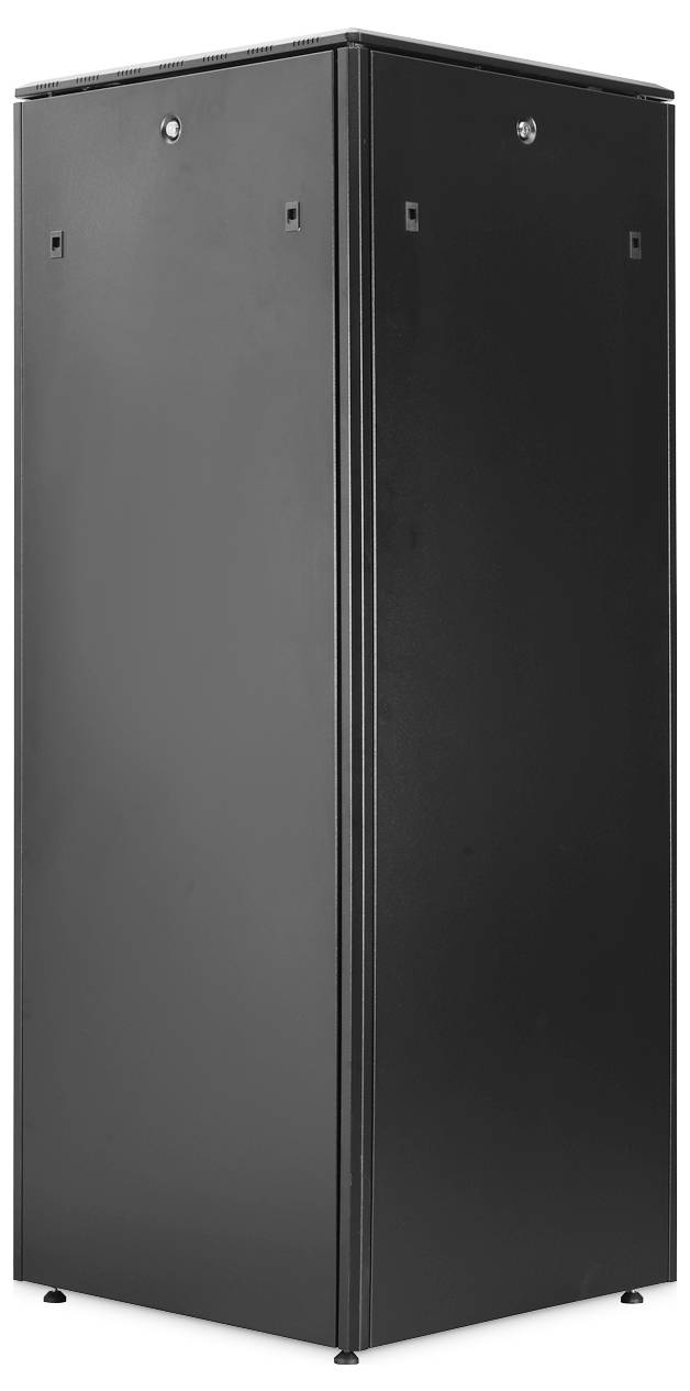 Ein hohes schwarzes Serverrack mit geschlossenen Türen, entworfen zur Unterbringung elektronischer Ausrüstung wie Server und Netzwerk-Hardware.