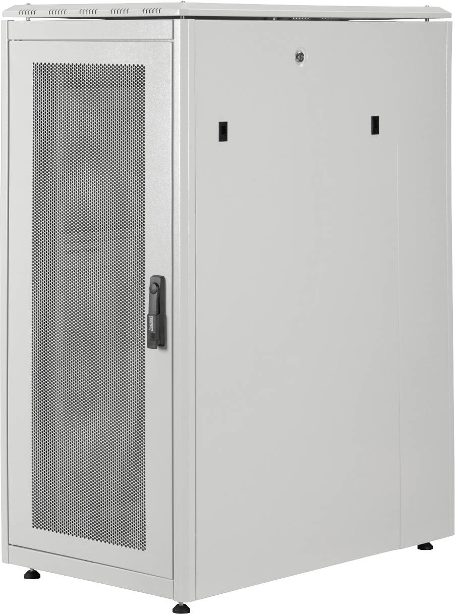 Ein silberner Serverrack mit einer Gittertür an der Vorderseite und Schloss, das auf einem Boden steht.