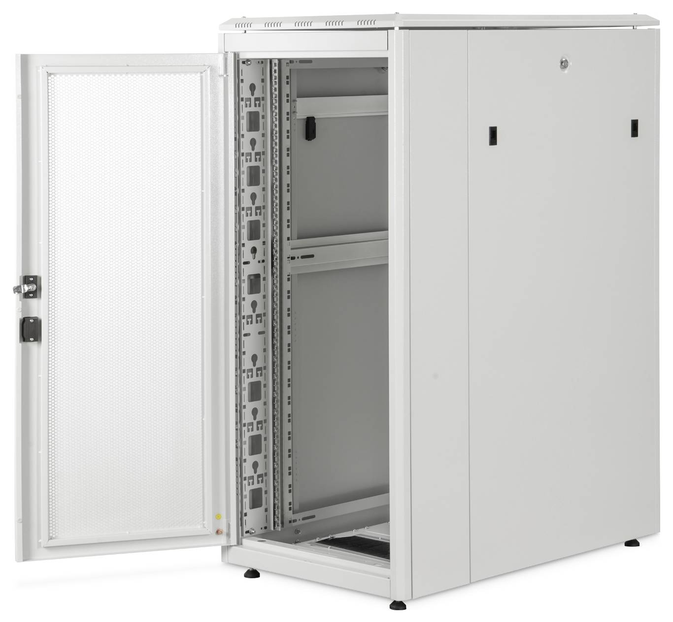 Ein offenes, leeres Serverrack mit perforierter Tür. Das Metallgerüst ist im Inneren sichtbar und wurde für die Montage von IT-Ausrüstung wie Servern konzipiert.