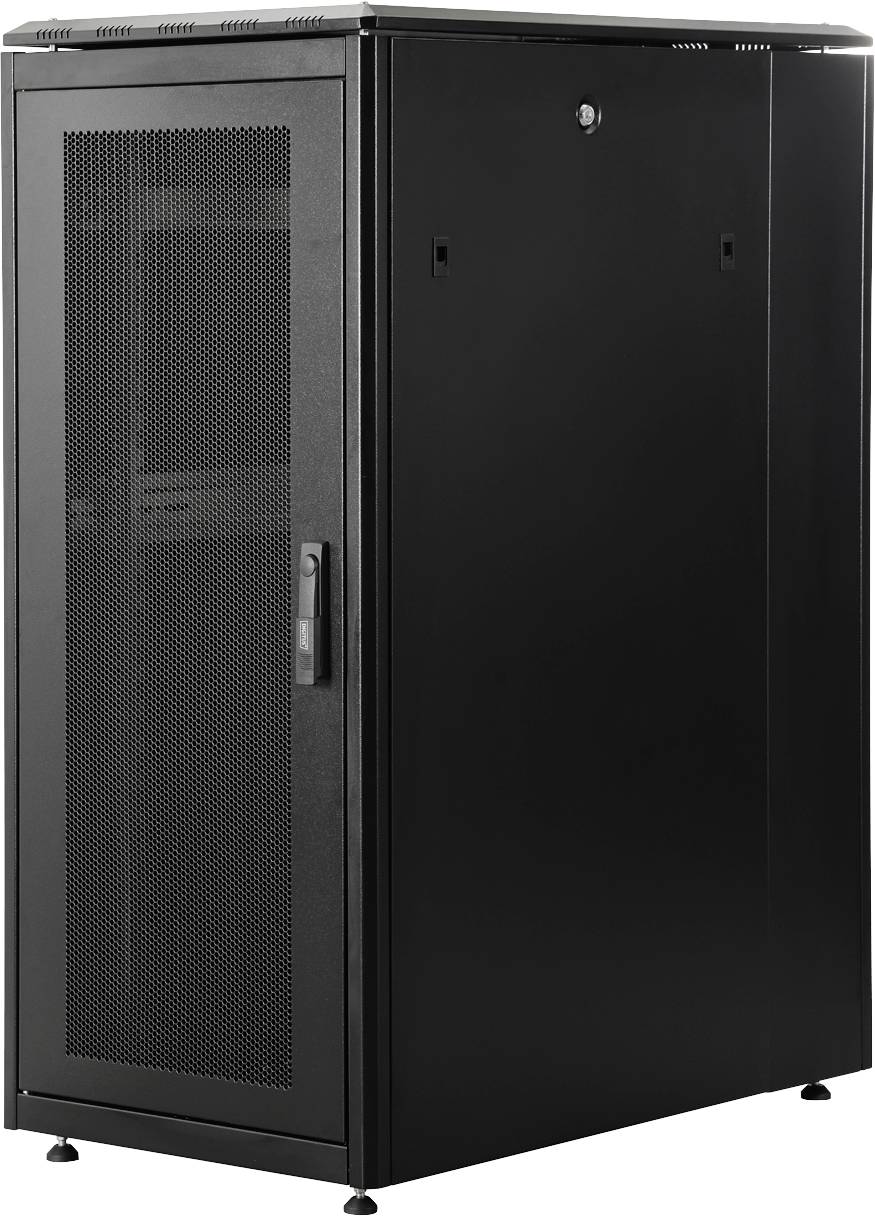 Ein schwarzes Server-Rack-Schrank mit perforierter Frontblende, das zum Unterbringen und Organisieren von Netzwerkausrüstung und Servern verwendet wird.