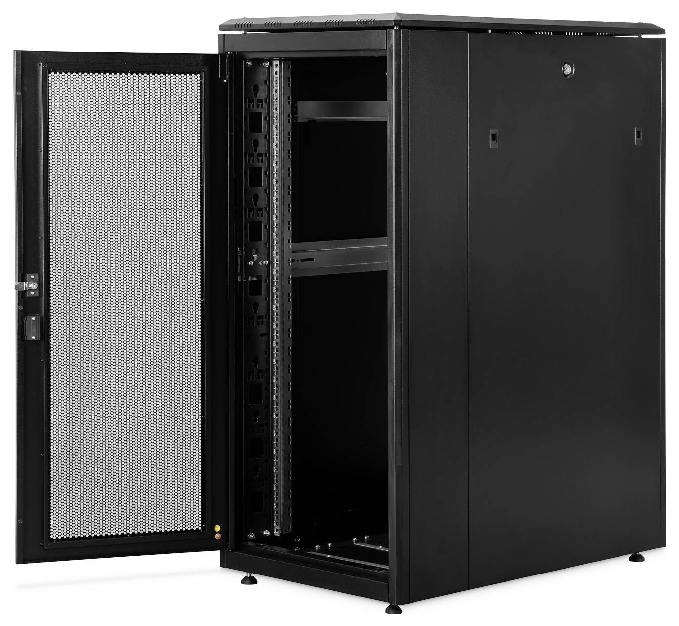 Schwarzer Server-Rack-Schrank mit offener Gittertür, die den Innenraum zur Montage elektronischer oder Netzwerkgeräte zeigt.