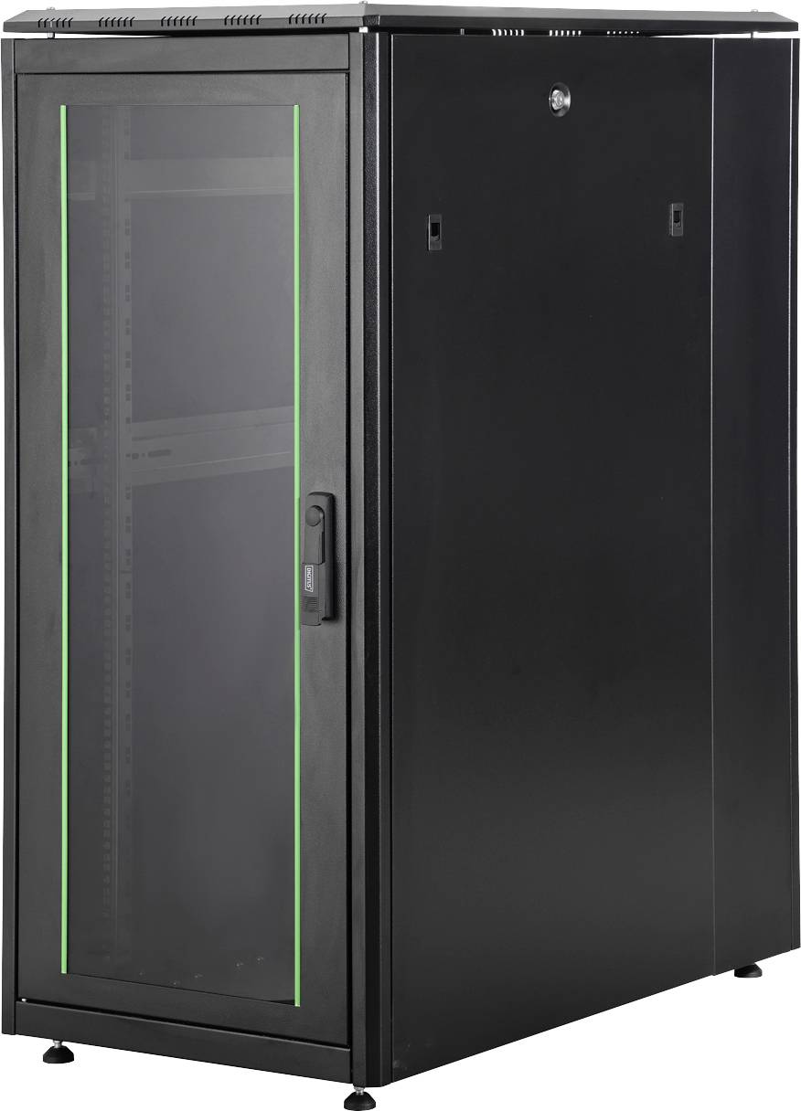 Ein schwarzer Serverschrank mit einer transparenten Fronttür und grünen Akzenten, der zur Unterbringung elektronischer Geräte in Rechenzentren oder Serverräumen verwendet wird.
