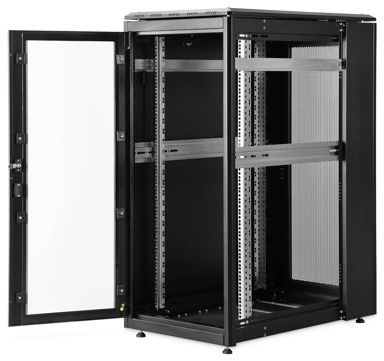 Ein offenes schwarzes Server-Rack mit reflektierender Glastür, das leere Regale und Metallrahmen zeigt, geeignet für die Unterkunft von IT-Ausrüstung.