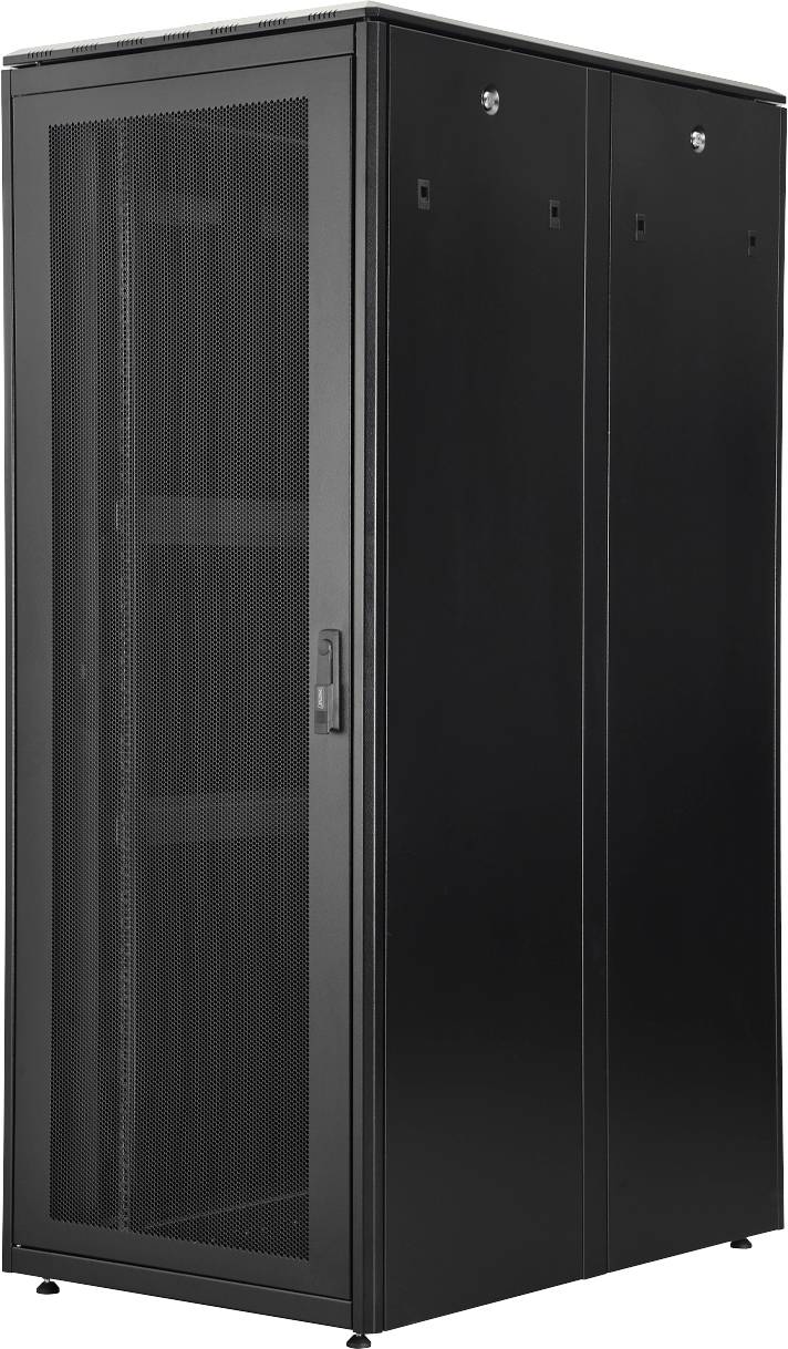Ein schwarzes Metall-Serverschrank-Gehäuse mit einer Gittertür an der Vorderseite, entwickelt zur Unterbringung und Organisation von Computerservern und Ausrüstung.