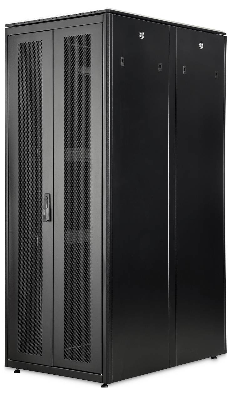 Ein schwarzer Serverrack mit Gittertür an der Vorderseite, der aufrecht steht. Das Rack ist leer und verfügt über mehrere Verriegelungspunkte zur Sicherung von Geräten.