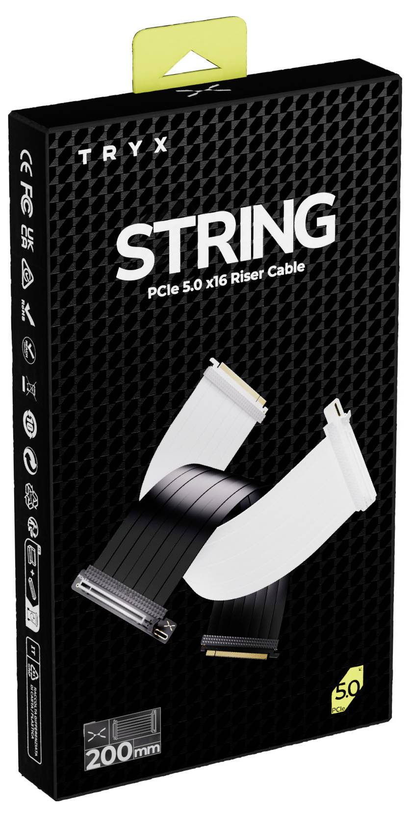 Ein schwarz-gelbes Kästchen mit der Aufschrift „TRYX STRING PCIe 5.0 x16 Riser Cable