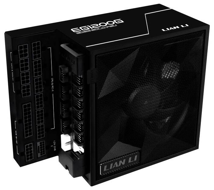 LIAN LI power supply unit, model EG1200G in black. Features multiple ports and a visible fan. Designed for high-performance computers.
