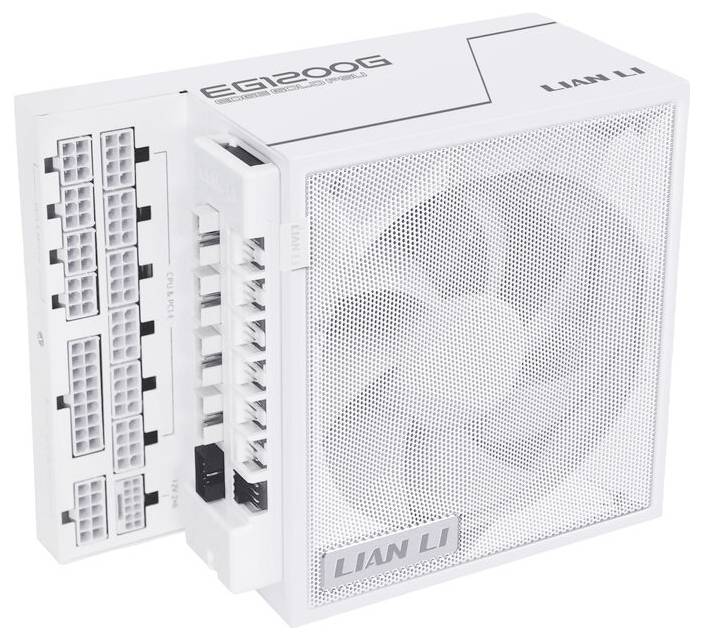 White Lian Li EG1200G power supply unit with fan and various connection ports visible on the side, designed for computer systems.