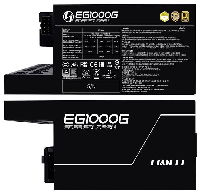 Schwarzes Lian Li EG1000G Edge Gold PSU von vorne und hinten gezeigt, mit großem Logo, 80 Plus Gold Abzeichen und technischem Etikett/Spezifikationen.