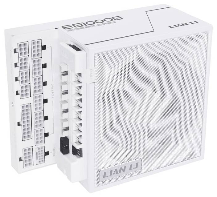 White computer power supply unit with modular cable ports and fan, labeled 'EG1000G', by manufacturer 'Lian Li'.
