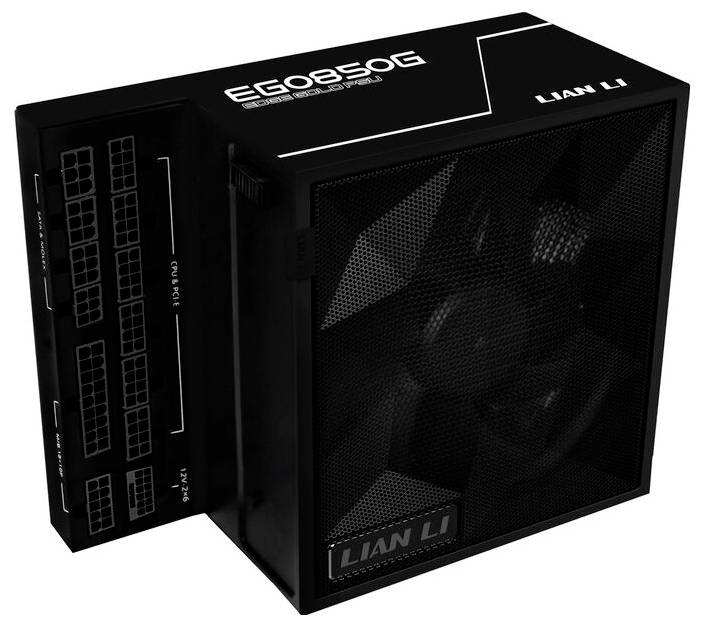Lian Li power supply unit with mesh side panel and multiple cable ports labeled for connectivity.