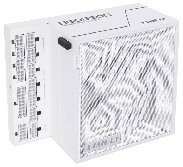 A white Lian Li computer power supply unit featuring a large cooling fan and multi-slot modular cable connections on the side.