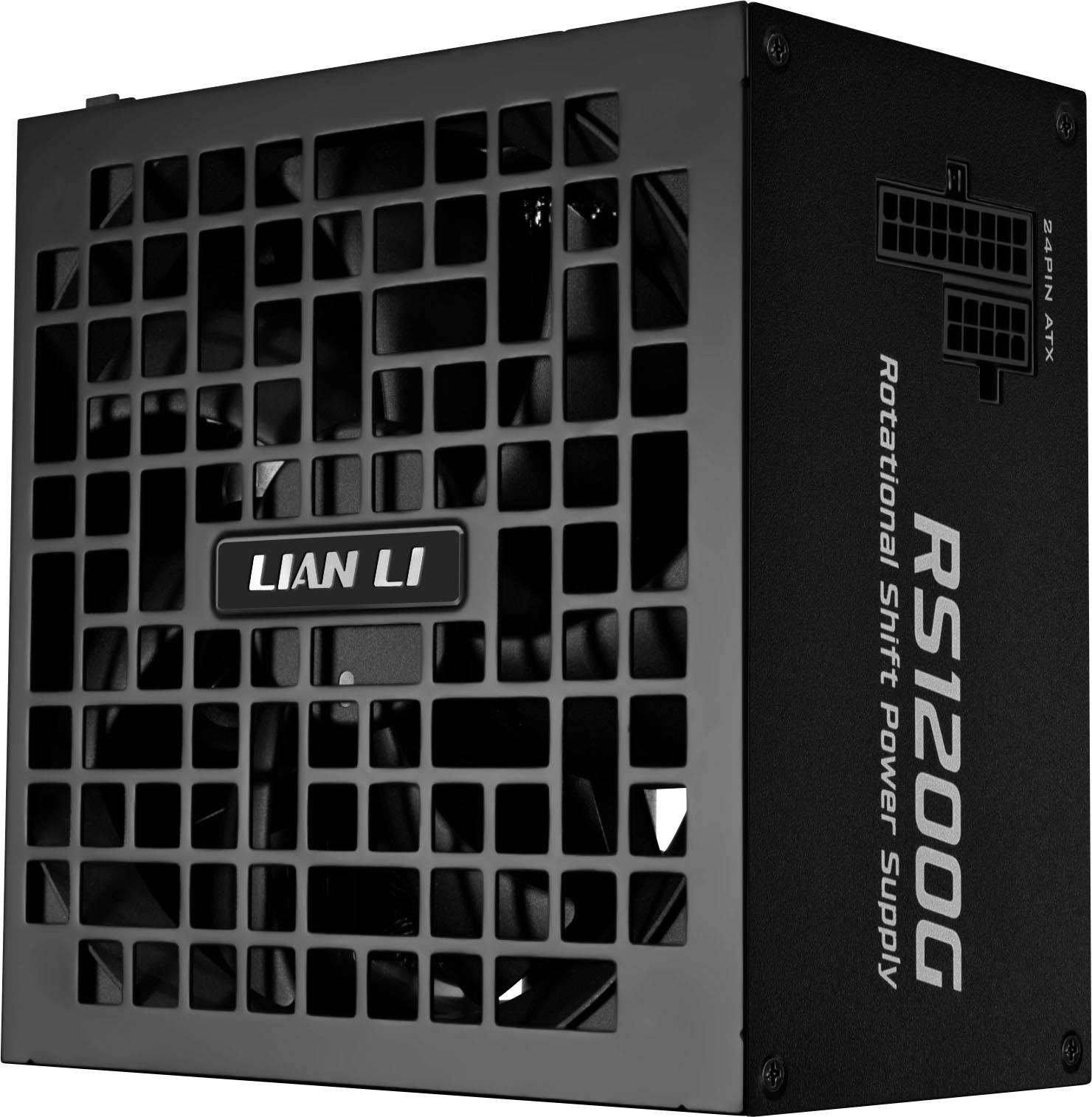 'Lian Li RS1200G' Netzteil, schwarz mit Gitterdesign, zeigt Marken- und Modellname seitlich in weißer Schrift an.