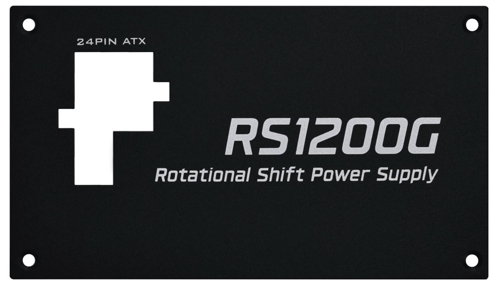 Schwarzes Etikett mit Text: '24PIN ATX' in der Nähe eines Steckverbinder-Diagramms. 'RS1200G Rotational Shift Power Supply' gibt Modell und Typ an.