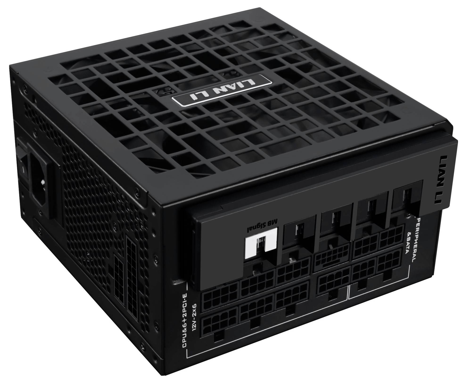 Ein schwarzes Lian-Li-Netzteil mit mehreren beschrifteten Anschlüssen für verschiedene Computerverbindungen, das für leistungsstarke PCs entwickelt wurde.