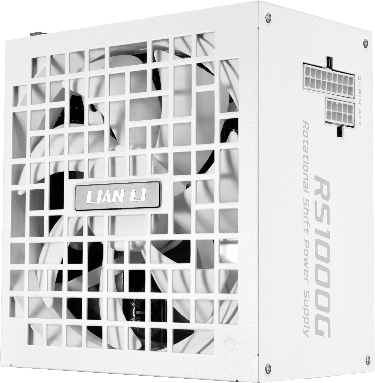 Lian Li RS1000G Netzteil in Weiß mit sichtbarem Lüfter und gekennzeichneter Seitenfläche, die ein Gittermuster und ein Rotationsverschieberdesign präsentiert.
