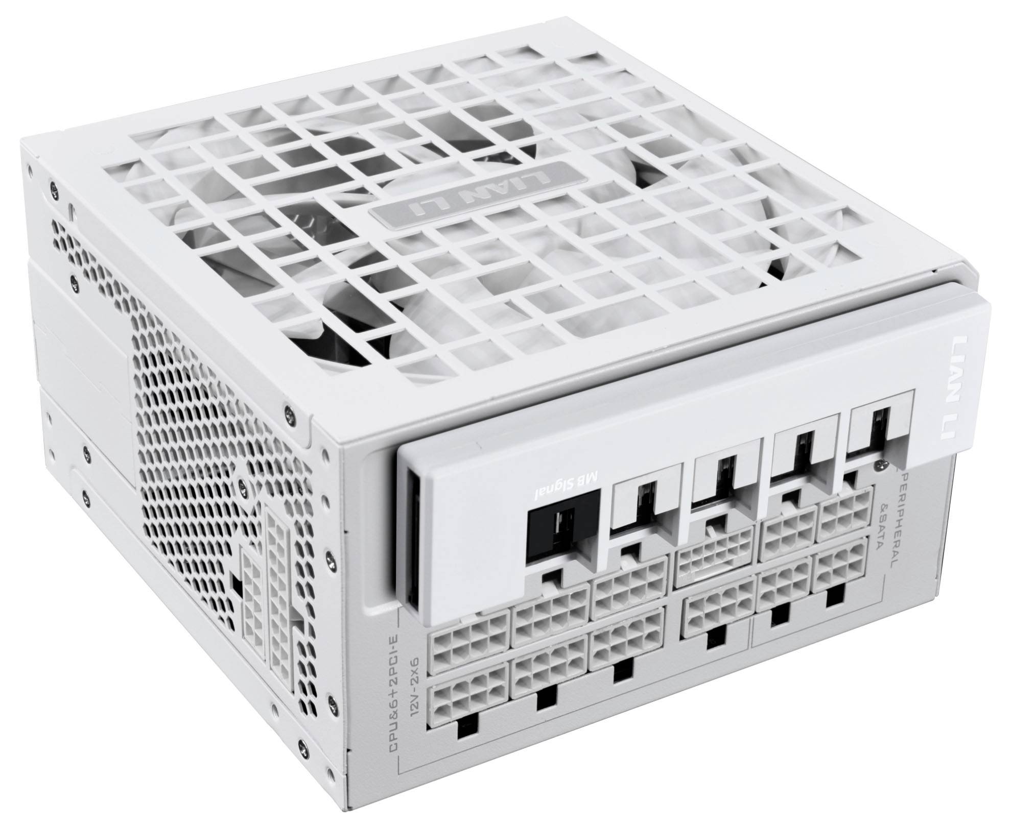 Eine weiße Stromversorgungseinheit für Computer mit mehreren modularen Anschlussanschlüssen, Lüftungsgitter oben und teilweise sichtbarem Markennamen.