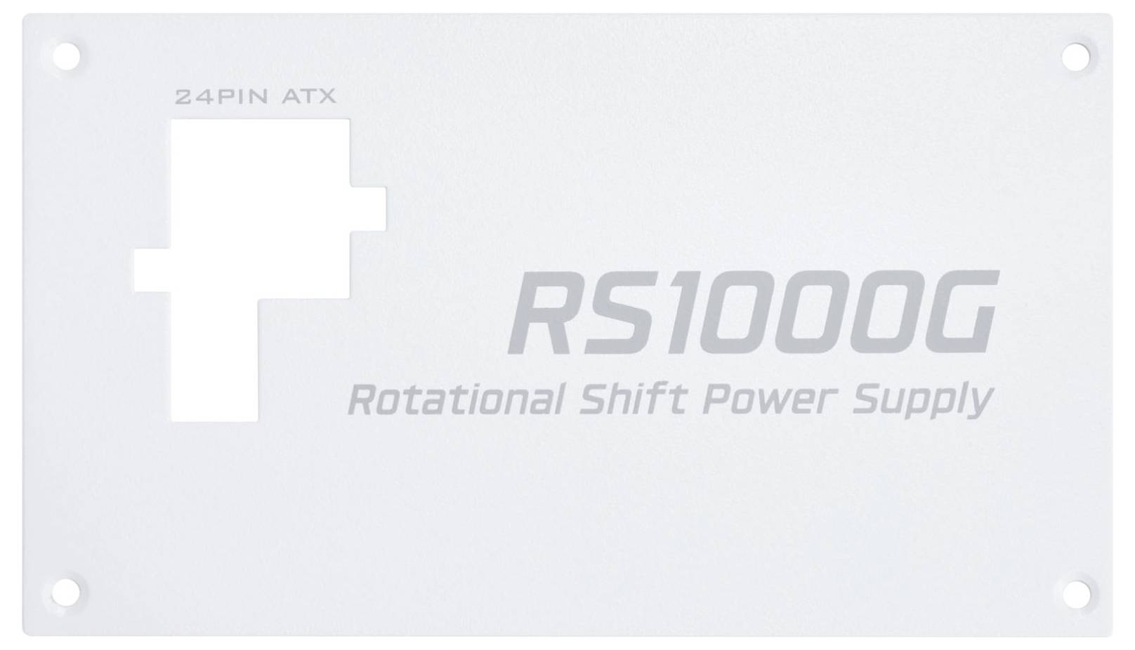 Eine weiße Abdeckung für ein „RS1000G Rotational Shift Power Supply" mit einer Aussparung, die oben links mit „24PIN ATX" gekennzeichnet ist.